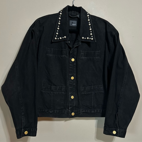 LIZ WEAR Vintage Black Denim Cropped Jacket Size L Pearl Collar Four Pockets‎ - Picture 1 of 5